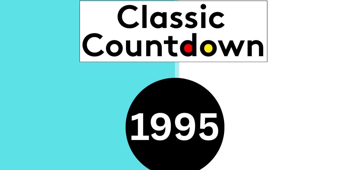 A vibrant graphic with Classic Countdown in bold text above a black circle featuring 1995. The background is split vertically—half teal, half white. The o in Countdown glows yellow, while the u pops in red, evoking Classic Countdown energy.
