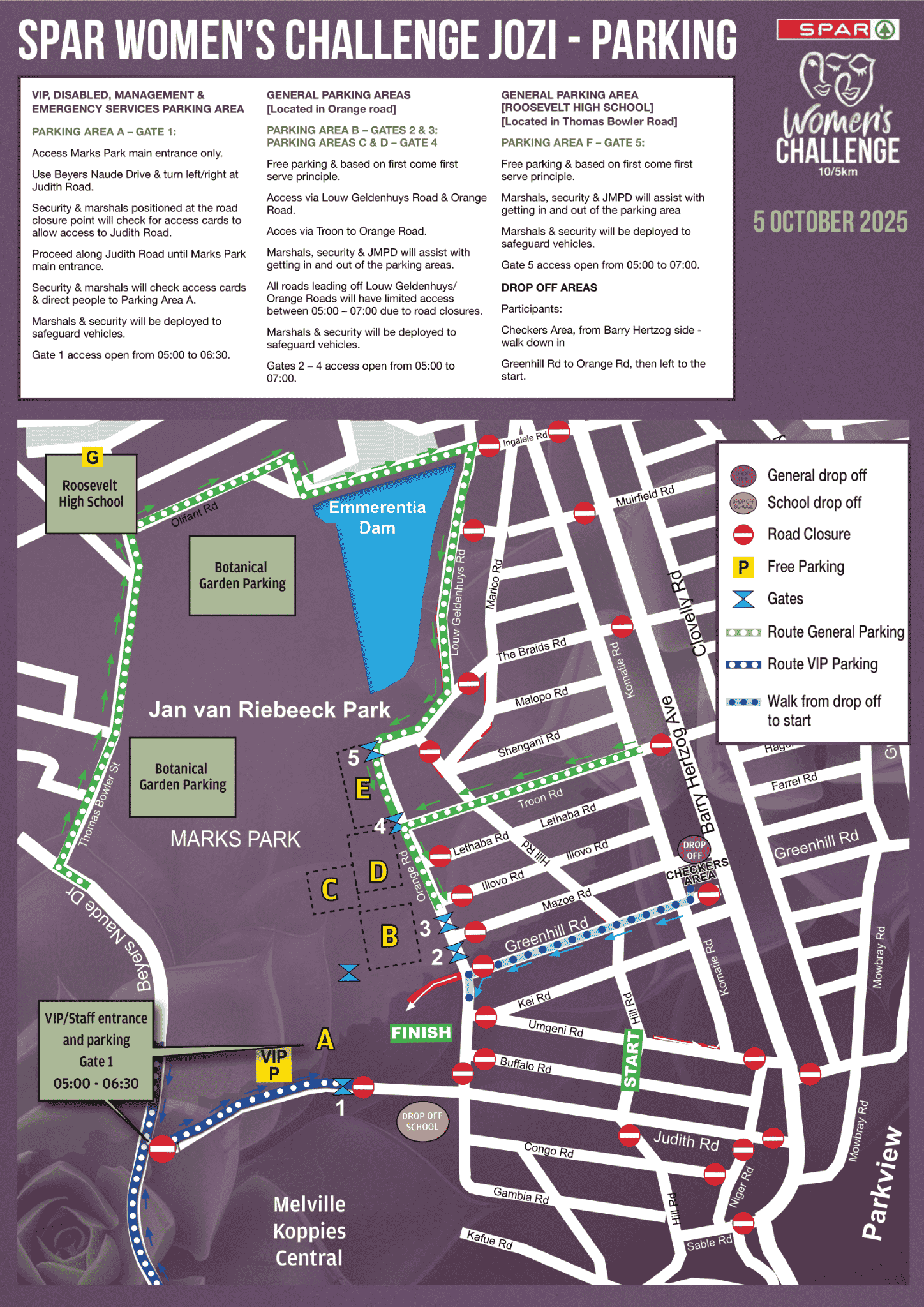 Map showing parking, road closures, and drop-off points for the SPAR Women’s Challenge Jozi at Marks Park, with color-coded routes and event details to help you navigate the SPAR Women's Challenge on 5 October 2025.