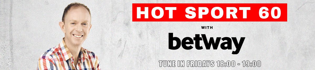 A smiling man in a colorful checkered shirt sits next to text reading HOT SPORT 60 with betway. Drive into the excitement every Friday from 18:00 - 19:00 on a light gray background.