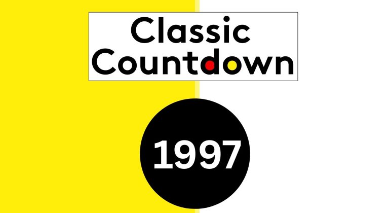 Classic Countdown, featuring classic songs, is written in black font, with the o in Countdown colored red and yellow. Below is a black circle with 1997 in white. The background is half yellow and half white.