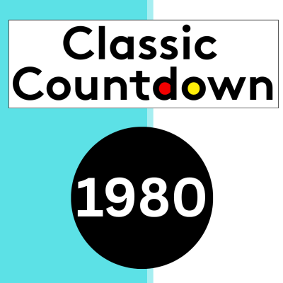 Graphic with the words Classic Countdown (with red and yellow coloring on two letters) and a black circle below containing 1980 in white, set against a split turquoise and white background, evoking the era of Janet Jackson’s early hits.
