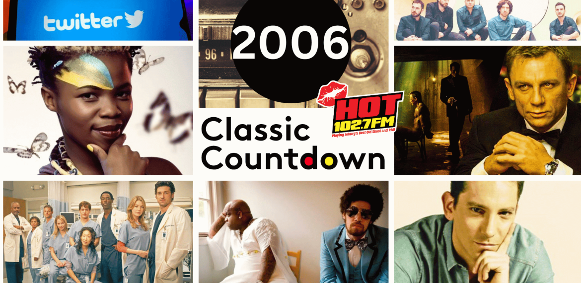A 2006-themed collage featuring the Twitter logo, musicians, actors, Mortal Kombat icons, doctors from Grey’s Anatomy, Daniel Craig as James Bond, radio station HOT 102.7 FM, and Classic Countdown text in the center.