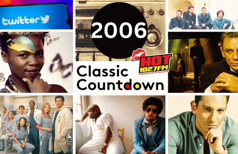 A 2006-themed collage featuring the Twitter logo, musicians, actors, Mortal Kombat icons, doctors from Grey’s Anatomy, Daniel Craig as James Bond, radio station HOT 102.7 FM, and Classic Countdown text in the center.