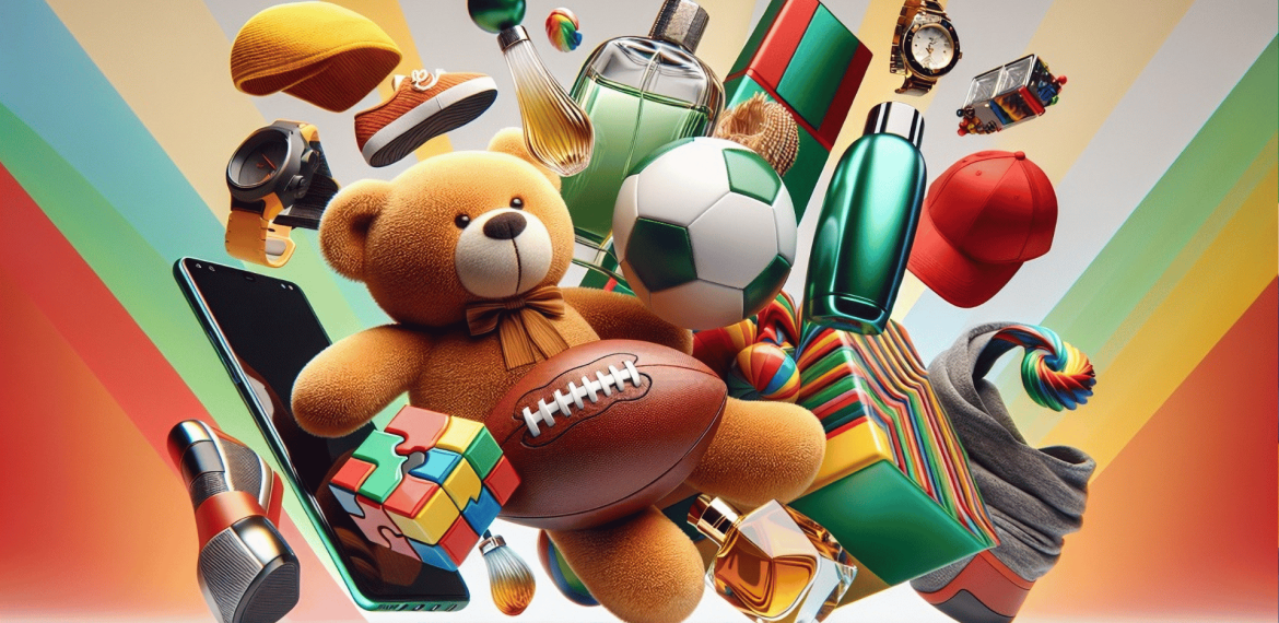 A colorful assortment of items, including a teddy bear, football, sneakers, perfume bottles, a Rubik's cube, and more floats against a vibrant striped background—showcasing the playful spirit inspired by Lloyd Madurai.
