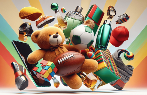 A colorful assortment of items, including a teddy bear, football, sneakers, perfume bottles, a Rubik's cube, and more floats against a vibrant striped background—showcasing the playful spirit inspired by Lloyd Madurai.